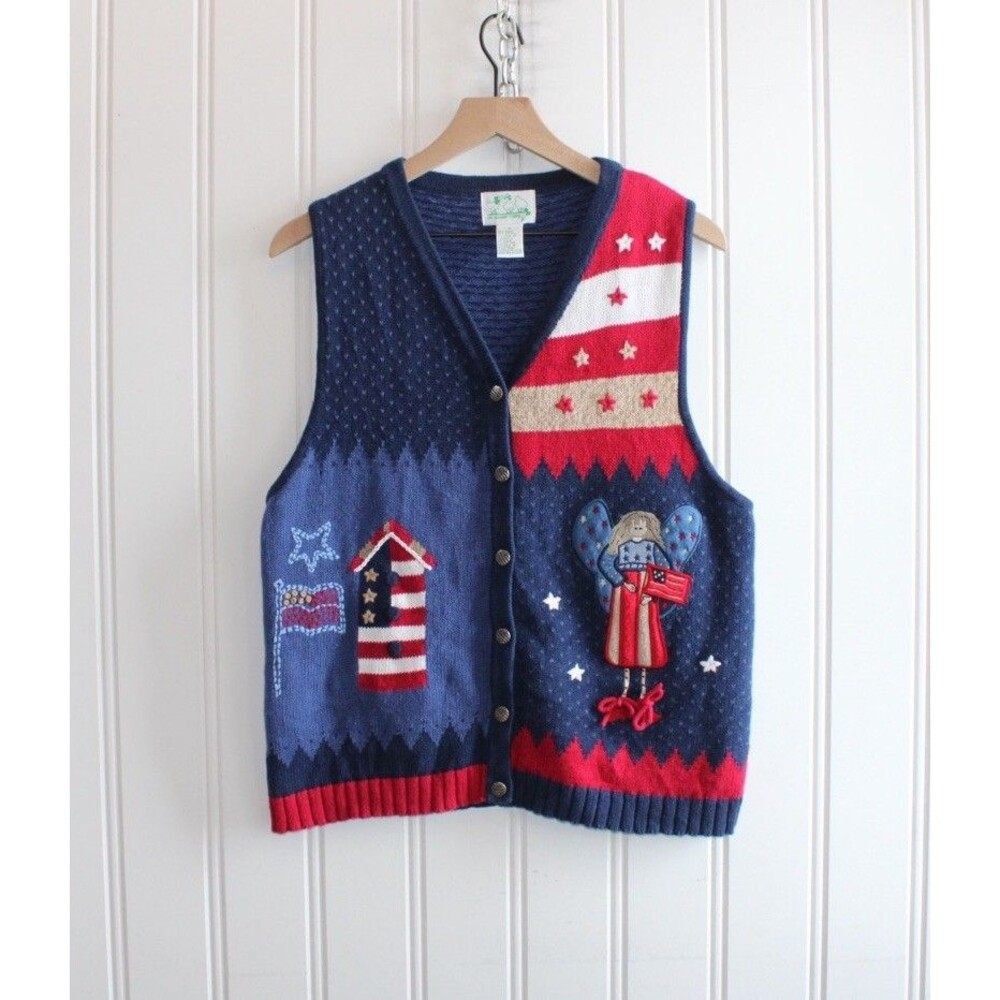 Vintage Quacker Factory‎ Americana Sweater Vest Patriotic Cottagecore Size M
